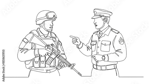High-Quality Black Continuous Line Art of Peacekeeping Soldier and Military Officer in Action