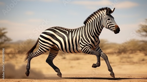 Graceful striped zebra galloping across sunlit savanna under a clear sky