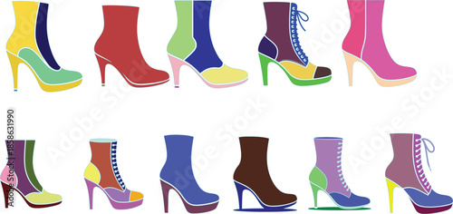 Colorful heel shoes and boots in various styles and colors