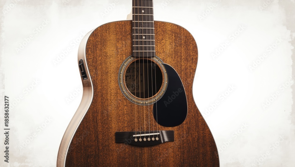 Obraz premium Detailed view of a vintage acoustic guitar with distressed wood surface, suitable for music and art backgrounds
