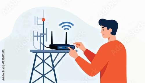 Person interacting with network equipment on a tower, broadcasting signal