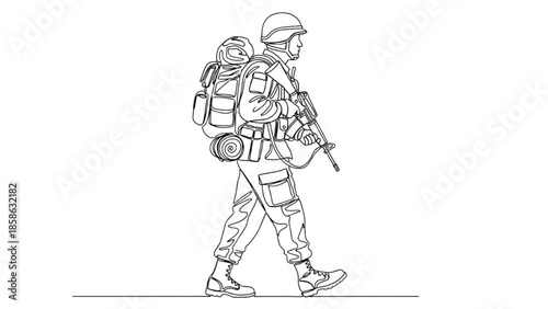 High-Quality Black Continuous Line Art of Soldier Carrying Backpack and Gear on March