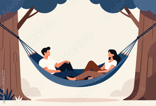 Couple relaxing in a blue hammock strung between two large trees