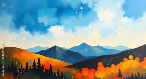 modern mountain oil painting, minimalist peaks canvas, contemporary mountain art, sleek color palette nature, stylized shapes mountain scene, geometric landscape painting, block color mountain sky, ab