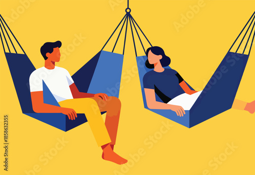 Two people relax in colorful hanging chairs against a vibrant yellow background