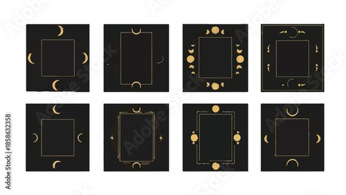 Set of 8 Black and Gold Celestial Moon Phase Square Frames Vector
