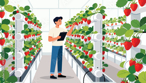 Man inspects ripe strawberries growing in a vertical hydroponic farm