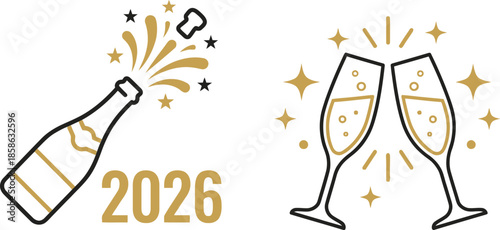 New Year 2026 Champagne Bottle Glass Clinking Toast Celebration Gold Black Vector Icons Set