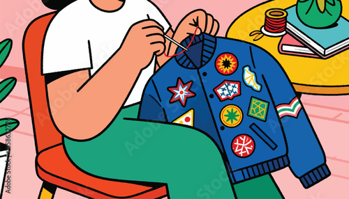 Person sewing patches onto a vibrant blue jacket