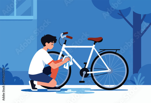 A boy cleans a bicycle with a cloth outdoors