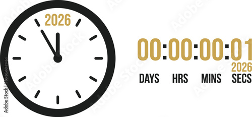 Countdown to 2026 image. A clock reads almost midnight with "2026" above, next to a timer showing "00:00:00:01" and "DAYS HRS MINS SECS"