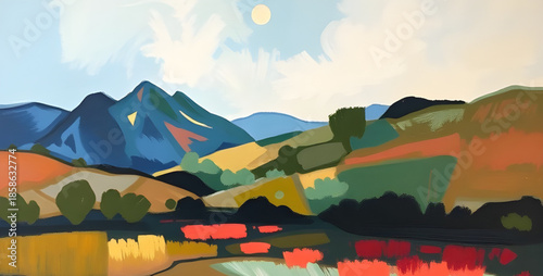 realistic mountain oil painting, realism nature canvas, lifelike peak scenery, precision detail mountains, photographic oil rendering, super realistic sky scene, fine detail brushwork, crisp horizon m