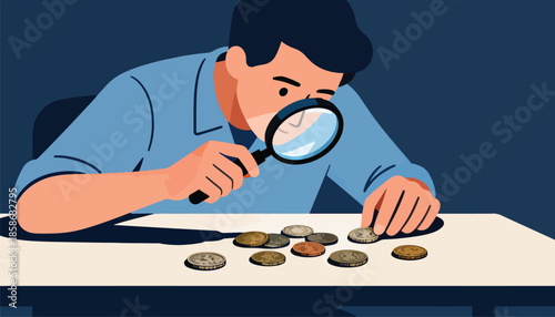 Person examining coins with a magnifying glass