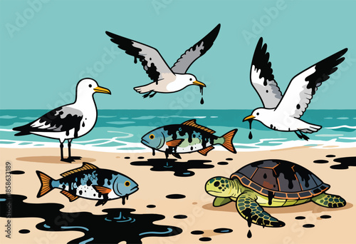 Birds, fish, and turtle covered in crude oil on a beach