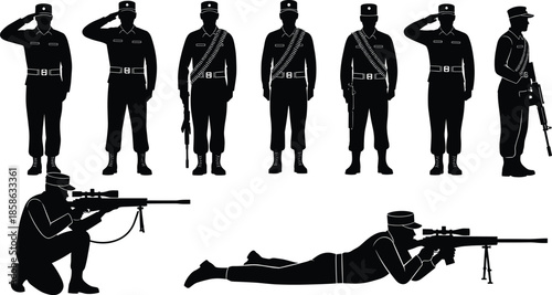 Military Soldier Silhouette Collection Showing Infantry Poses with Rifles and Salutes, Black Vector Illustration Set for Army, Defense, and Warfare Concepts