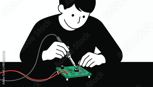 Person soldering an electronic circuit board, wires connected