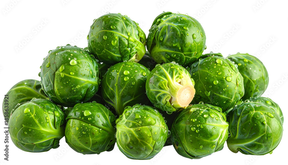 Fototapeta premium Fresh brussels sprouts isolated on transparent background, high-quality PNG with green leafy texture, perfect for healthy food designs, cooking, agriculture, and nutrition visuals.