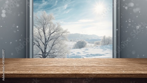 Snowy winter scene with a rustic wooden desk overlooking a scenic landscape, highlighting seasonal change