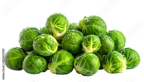 Fresh brussels sprouts isolated on transparent background, high-quality PNG with green leafy texture, perfect for healthy food designs, cooking, agriculture, and nutrition visuals.