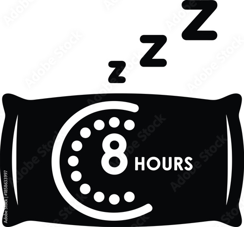 Sleeping pillow icon with 8 hours clock symbol for healthy sleep concept