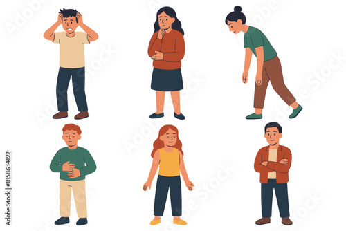 Emotional people characters set in flat style: anxiety, thoughtful, exhausted, upset, happy, confident