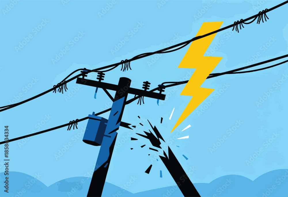 Obraz premium A powerful lightning strike fractures an electrical pole and wires