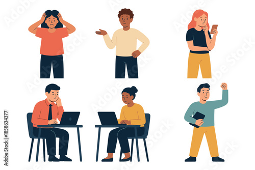 Diverse characters showing emotions and communication in a modern flat design style