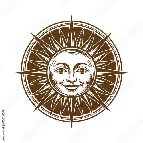 Vintage sun face with rays isolated on white background  smiling sun symbol  celestial body icon