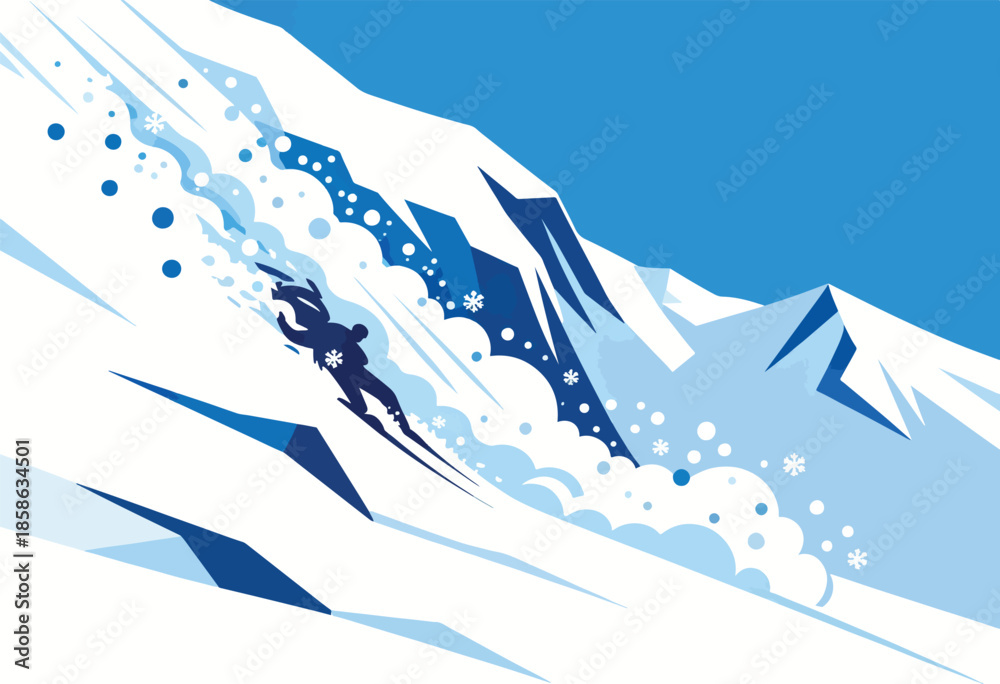 Fototapeta premium A lone skier navigates a steep mountain slope amidst a flurry of snow and ice