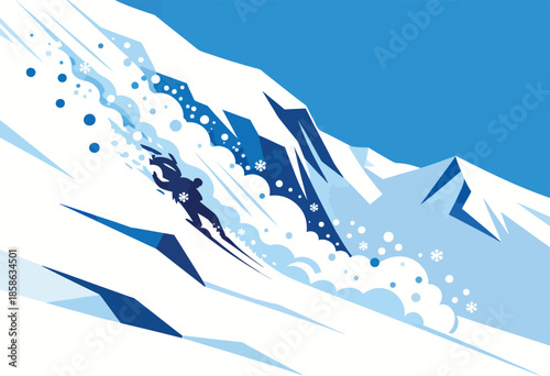 A lone skier navigates a steep mountain slope amidst a flurry of snow and ice