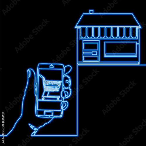 Hand holding smartphone with shopping cart icon near small local store symbolizing mobile commerce icon neon glow vector illustration concept