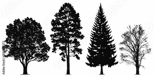 Silhouette of four distinct trees against a clean white background