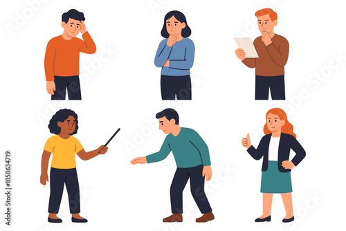 Diverse characters in thoughtful and engaged poses for modern design projects