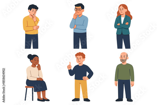 Diverse individuals in thoughtful poses with minimalist design