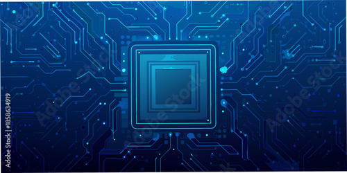 Abstract blue circuit board with a central microchip illustration