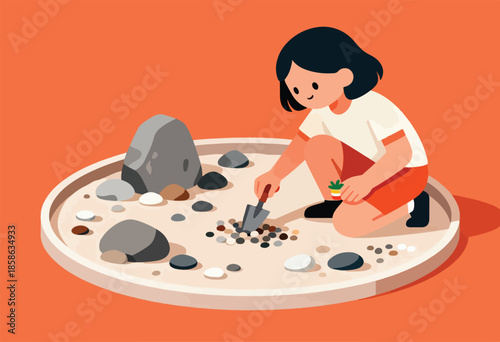 Child tending miniature garden with rocks, sand, and a tiny plant