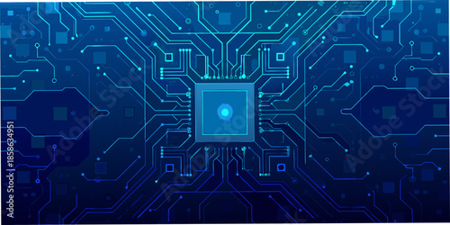Abstract blue circuit board pattern with glowing central processor element