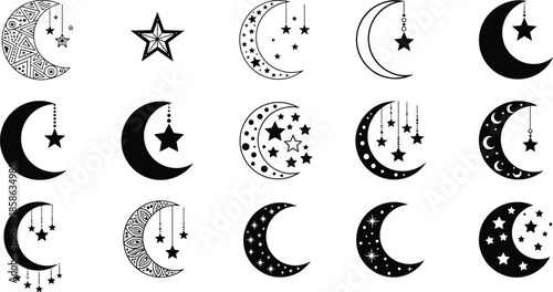 Crescent moon and stars vector set, celestial bohemian ornaments, mystic lunar clip art, aesthetic night sky elements, tribal mandala patterns, silhouette celestial illustrations.