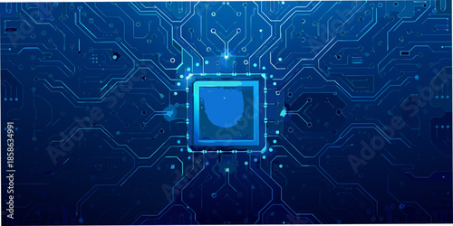 Abstract blue circuit board background with a central shield icon displayed