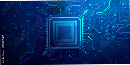 Abstract blue circuit board pattern with a central processing unit design