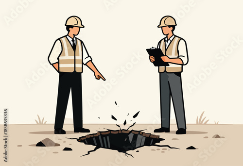 Two workers inspect a dangerous sinkhole in the ground