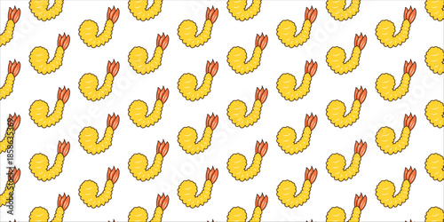 Seamless fried shrimp tempura pattern with doodle-style crunchy shrimp illustrations. Repeating food background suitable for restaurant design, packaging, menu, wallpaper, and textile use.