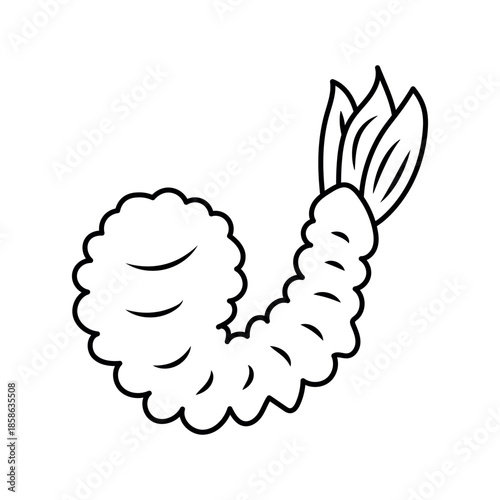 A simple line art illustration depicting a single, breaded shrimp or prawn, commonly known as tempura, with its tail fin visible, on a white background.
