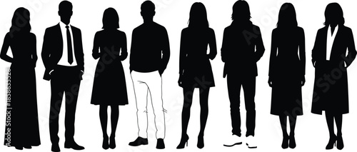 Professional business people silhouettes collection, diverse corporate team standing together, office workers group, male and female characters, casual and formal attire silhouettes vector.