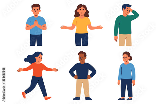 Diverse characters in flat style showing various emotions and gestures