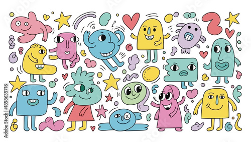 Cute and whimsical cartoon monsters and creatures in a playful doodle style, perfect for playful designs