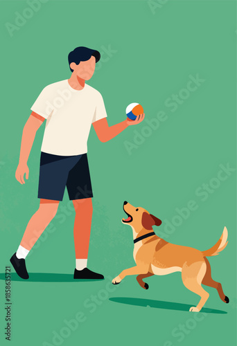 Person plays with dog outdoors, throwing a multi-colored ball