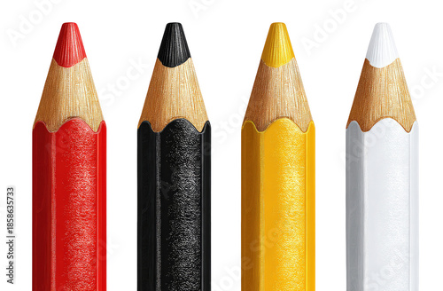 Four colored pencils in red, black, yellow, and white.  Close-up view, showing the sharpened tips and wooden body