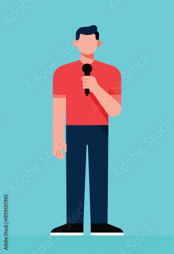 Man in red shirt and blue pants holding a black microphone, with plain blue background