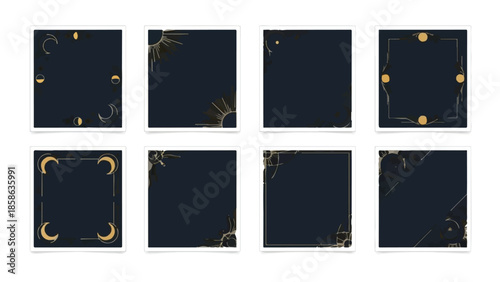 Set of 8 Celestial Gold and Black Square Frame Vector Designs